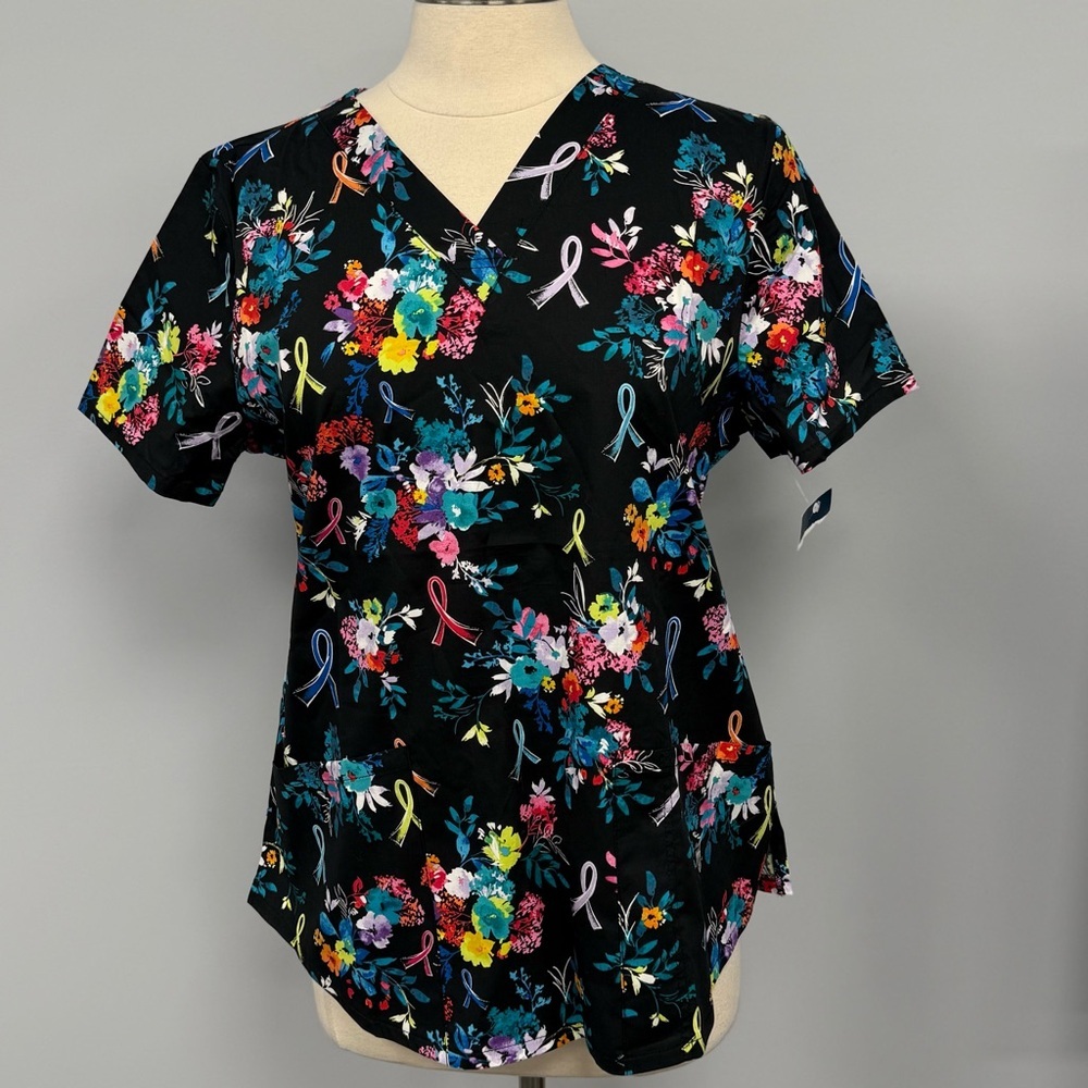 NWT Cherokee Awareness Ribbons Scrub Top S Black Floral Cotton Scrubs Uniform